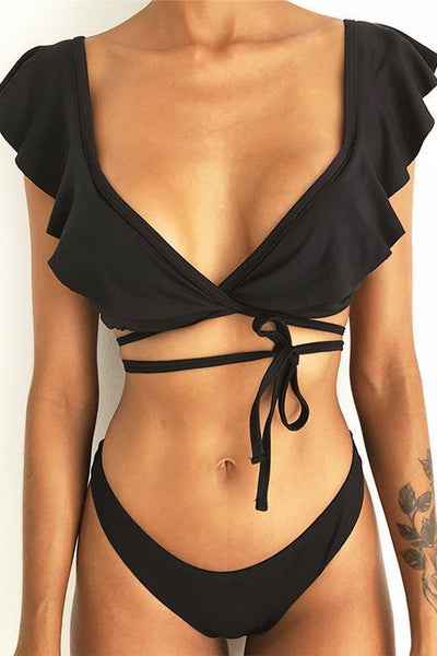 Print Ruffles Cross Bikini Set - girlyrose.com