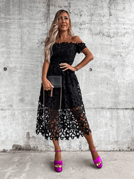 LOVE STORY BABY LACE OFF SHOULDER MIDI DRESS - BLACK