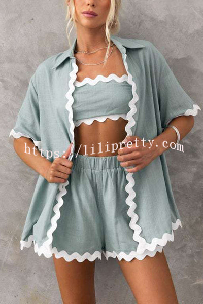 Harry Waved Trim Button Loose Shirt and Elastic Waist Pocketed Shorts Set