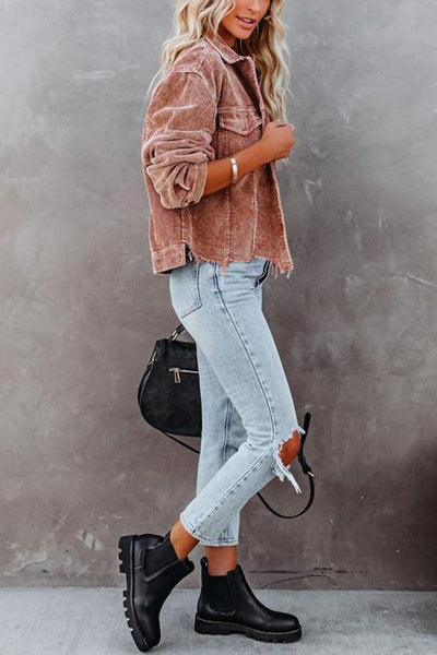 Frayed Hem Cropped Corduroy Jacket