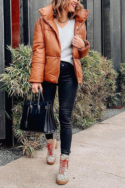 Hide Quilted Stand Collar Button Coat