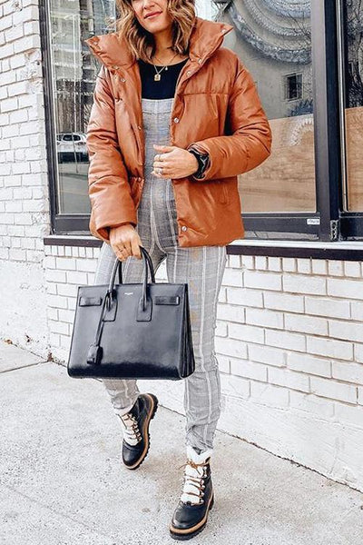 Hide Quilted Stand Collar Button Coat