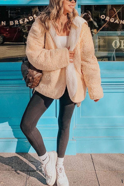 Hooded Open Front Lamb Wool Teddy Coat