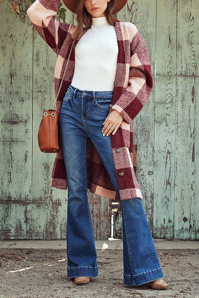 Pocketed Checkered Duster Cardigan
