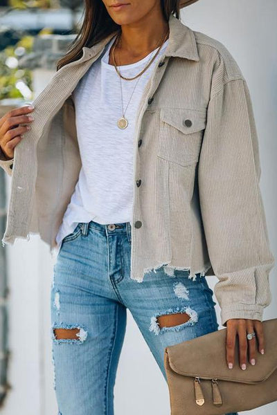 Frayed Hem Cropped Corduroy Jacket