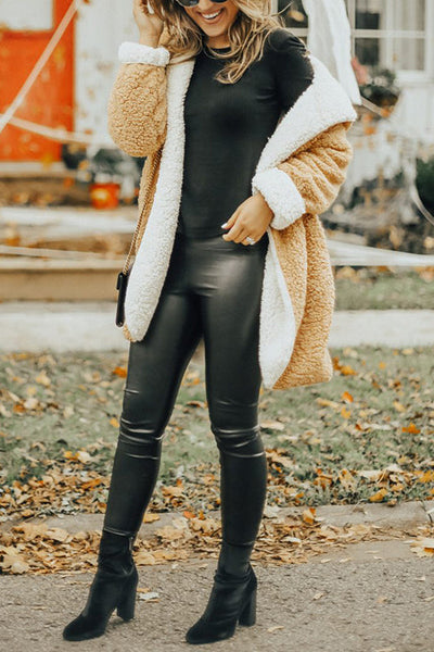 Hooded Open Front Lamb Wool Teddy Coat