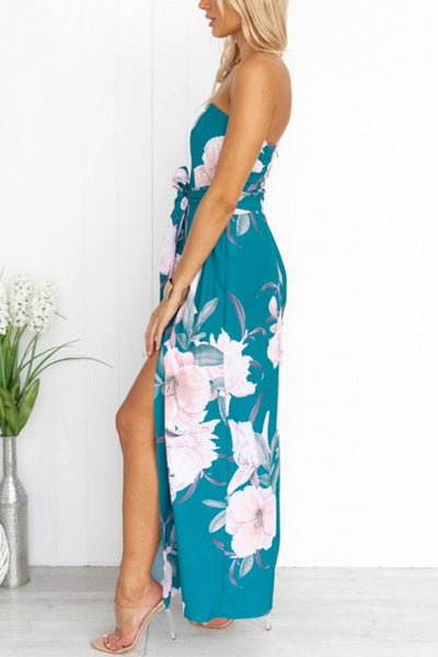Floral Print Strapless Split Leg Jumpsuit