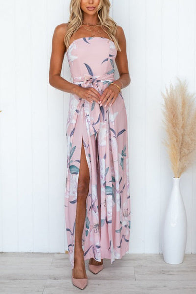 Floral Print Strapless Split Leg Jumpsuit