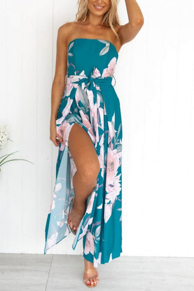 Floral Print Strapless Split Leg Jumpsuit
