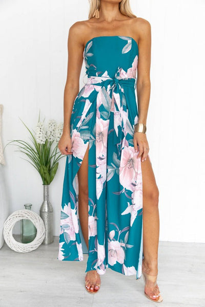 Floral Print Strapless Split Leg Jumpsuit