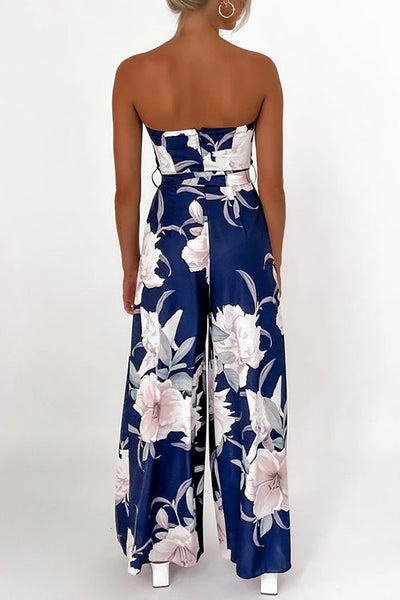 Floral Print Strapless Split Leg Jumpsuit