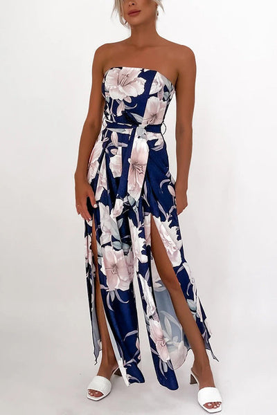Floral Print Strapless Split Leg Jumpsuit
