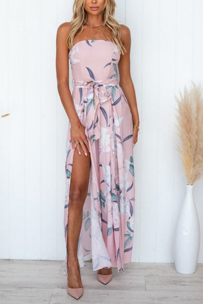 Floral Print Strapless Split Leg Jumpsuit