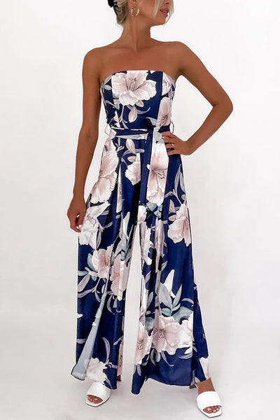 Floral Print Strapless Split Leg Jumpsuit