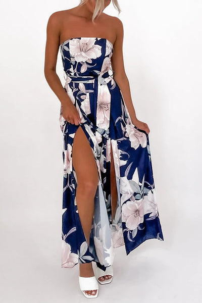 Floral Print Strapless Split Leg Jumpsuit