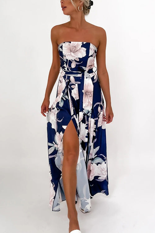 Floral Print Strapless Split Leg Jumpsuit