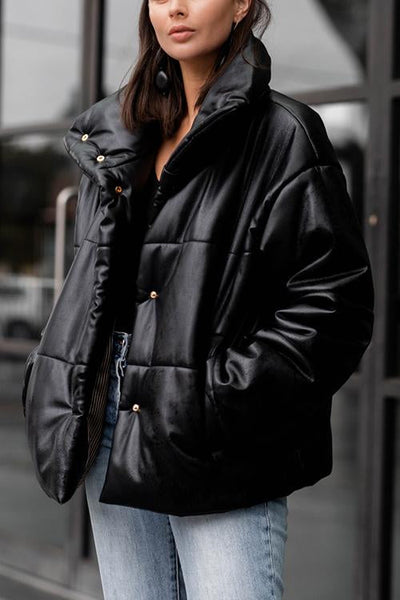 Hide Quilted Stand Collar Button Coat