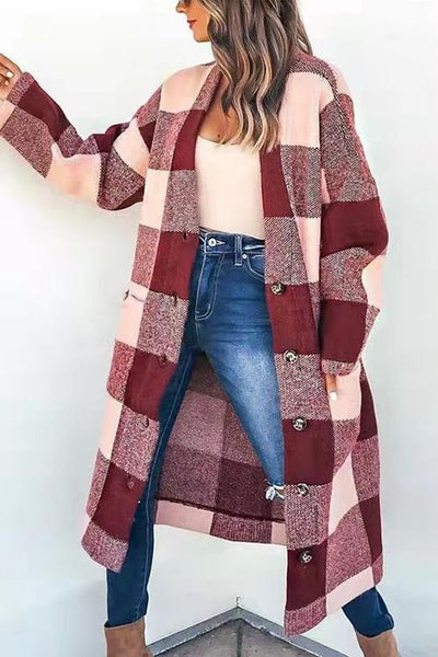 Pocketed Checkered Duster Cardigan