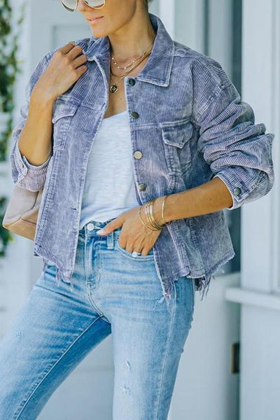 Frayed Hem Cropped Corduroy Jacket