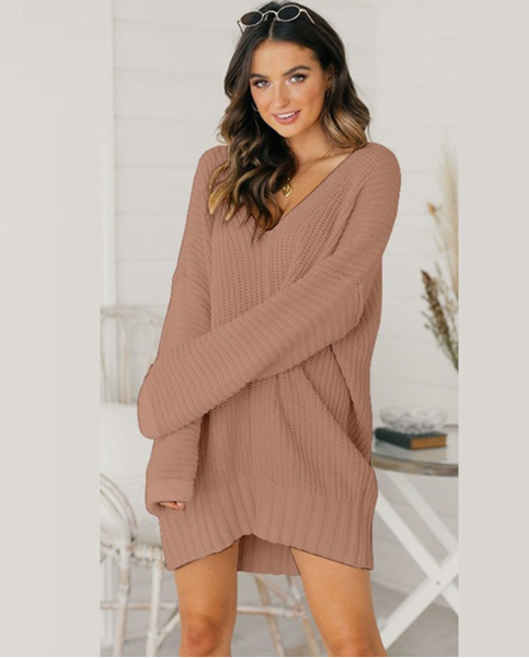 Loose V-neck mid-length dress sweater