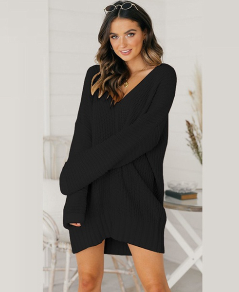 Loose V-neck mid-length dress sweater