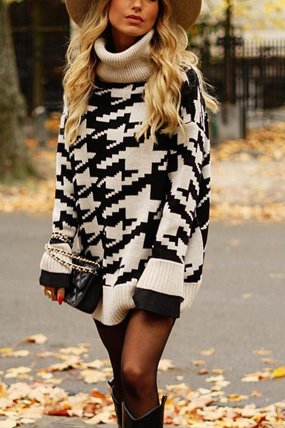 Houndstooth High Collar Sweater