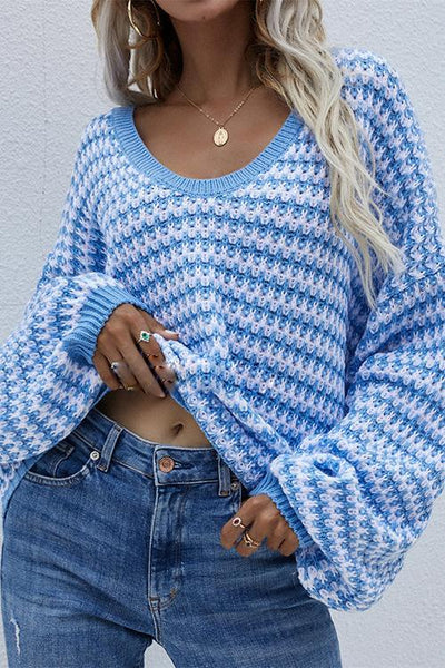 Oversized Stripe V Neck Puff Sleeve Sweater - girlyrose.com