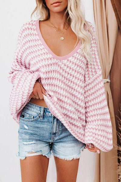 Oversized Stripe V Neck Puff Sleeve Sweater - girlyrose.com