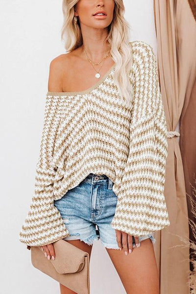 Oversized Stripe V Neck Puff Sleeve Sweater - girlyrose.com