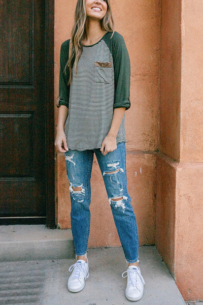 O Neck Long Sleeve Striped Raglan Top