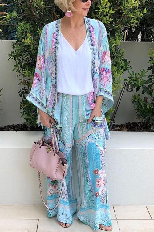 Flroal Print Cardigan Pants Set