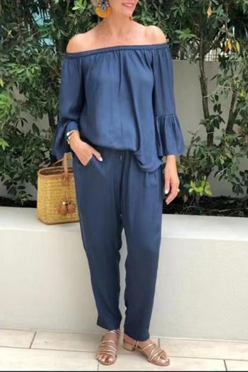 Off Shoulder Flares Sleeve Blouse Pants Set - girlyrose.com