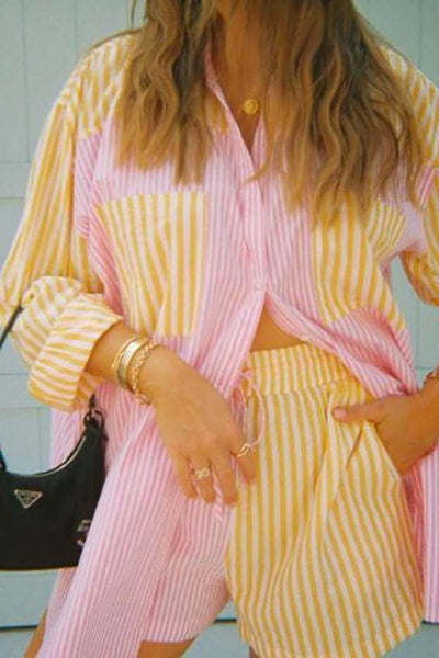 Patchwork Stripe Shirt Shorts Set - girlyrose.com