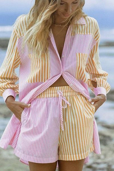 Patchwork Stripe Shirt Shorts Set - girlyrose.com