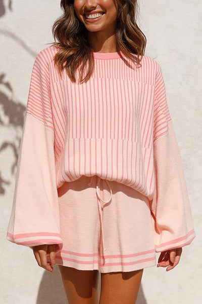 Gradient Stripe Puff Sleeve Sweater Shorts Set - girlyrose.com
