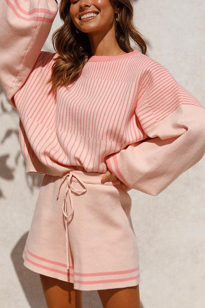 Gradient Stripe Puff Sleeve Sweater Shorts Set - girlyrose.com