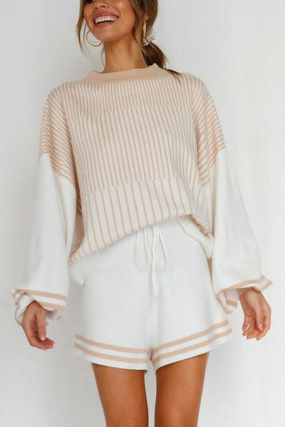 Gradient Stripe Puff Sleeve Sweater Shorts Set - girlyrose.com