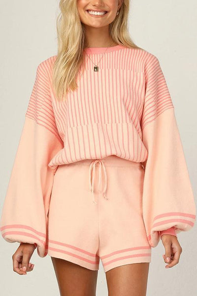 Gradient Stripe Puff Sleeve Sweater Shorts Set - girlyrose.com