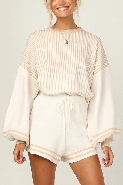 Gradient Stripe Puff Sleeve Sweater Shorts Set - girlyrose.com