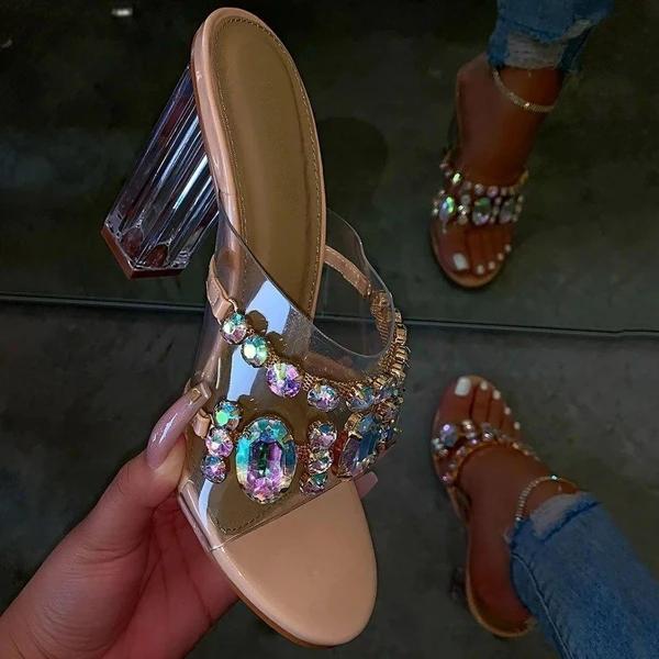 Lydiashoes Rhinestone Chunky Heel Slip-On Flip Flop Pvc Slippers