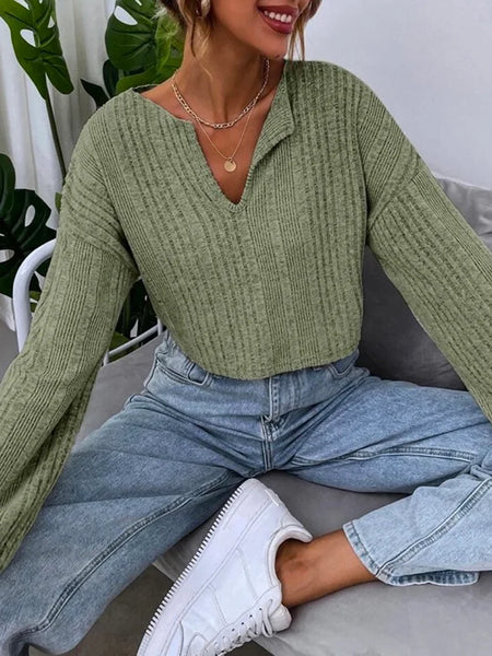 Leisure Long Sleeves Jacquard Solid Color V-Neck Short T-Shirts Tops
