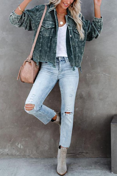 Frayed Hem Cropped Corduroy Jacket
