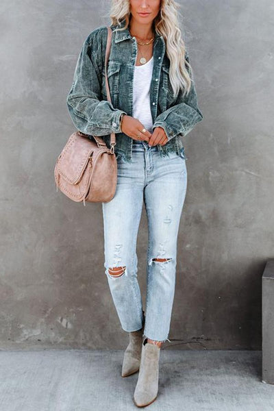 Frayed Hem Cropped Corduroy Jacket