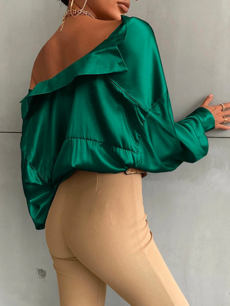 Sexy Long Sleeves Buttoned  V-Neck Satin Blouses&Shirts Tops