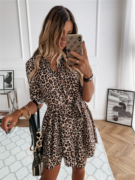 Hot New Spring and Summer Fashion Sexy Print Lapel Leopard Single-breasted Shirt Short Skirt In The Waist Irregular Skirt Dresses Women Kmmey