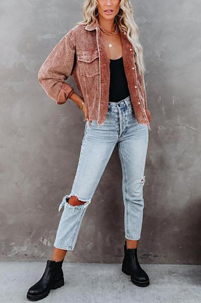 Frayed Hem Cropped Corduroy Jacket