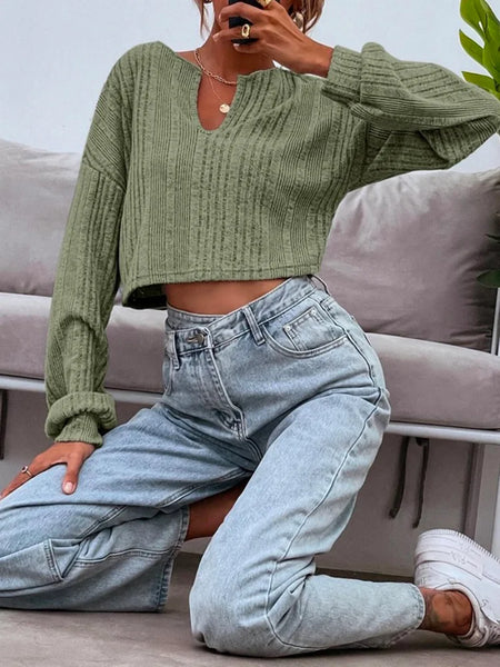 Leisure Long Sleeves Jacquard Solid Color V-Neck Short T-Shirts Tops