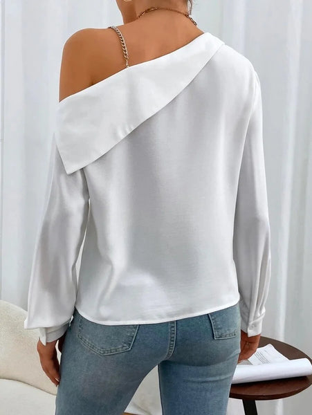Leisure Loose Long Sleeves Chains Asymmetric T-Shirts Tops