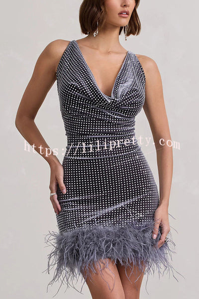 Focus of Activity Velvet Sparkling Detail Cowl Neck Feather Trim Mini Dress