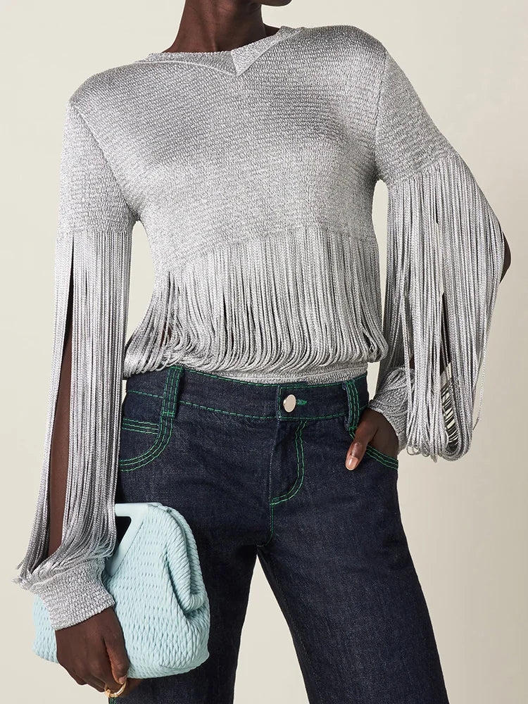 Simple Long Sleeves Tasseled Hollow Round-Neck Sweater Tops